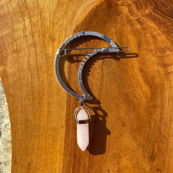 Crystal Crescent Moon Rose Quartz Pendant Hair Clip Barrette - Picture 3 of 7